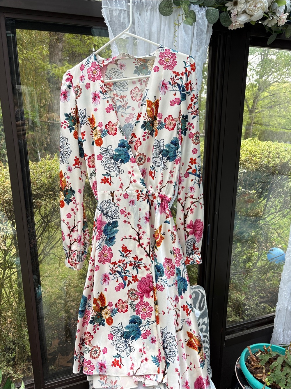 Floral Wrap Midi Dress in Cream with Multicolor Floral Print